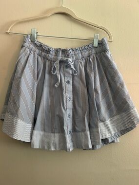 Striped Button-Front Skirt with Drawstring Waist - Light Blue & White